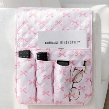 Imagem de HunnmingRe Organizador de apoio de braço para sofá com laço rosa, antiderrapante, suporte de controle remoto, lavável, 5 bolsos, apoio de braço para sofá reclinável, poltrona, revista, telefone, 89 cm