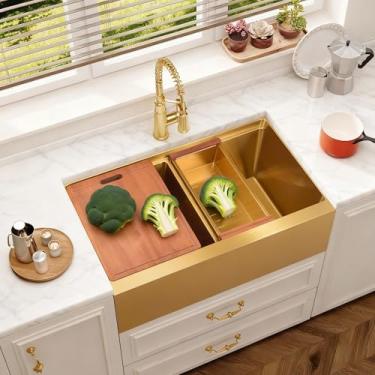 Imagem de Tigela dupla para pia de fazenda 33 – Avental Kitsitchen 83 polegadas frontal dourado aço inoxidável tigela dupla 50/50 borda estação de trabalho artesanal pia de cozinha de fazenda com acessórios