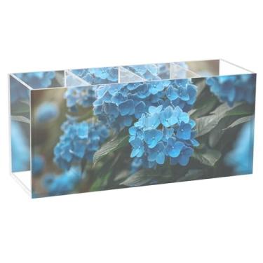 Imagem de TSENQUE Lindo suporte de caneta para arte de mesa, flores de hortênsia, azul, acrílico, porta-pincéis, copo para escritório, organizador de mesa personalizado e acessórios