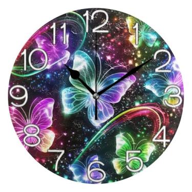 Imagem de GAIGEO Relógio de parede preto brilhante borboleta analógico decorativo escritório cozinha relógio operado por bateria silencioso, decoração de parede de meados do século sala de estar, 25 cm