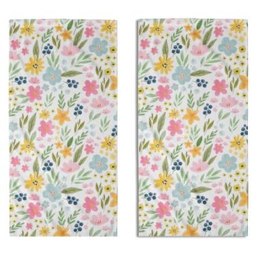 Imagem de Toalhas de mão florais de primavera para banheiro, conjunto de 2 folhas de flores verdes amarelas rosa e páscoa, toalhas de mão decorativas para férias, tema sazonal, toalha de banho macia e