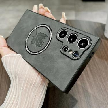 Imagem de HJZSZX Capa magnética retrô de couro fosco para Samsung S25 Ultra, capa à prova de choque com carregamento sem fio (para Samsung S25 Ultra/preta)