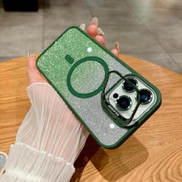 Imagem de HJZSZX Capa de celular luxuosa com suporte magnético e proteção contra choques, com pó de flash, para iPhone 16 Plus (para iPhone 16 Plus/verde escuro)