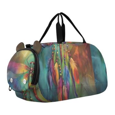 Imagem de Bolsa esportiva para meninos, bolsas noturnas, para viagens, crianças, academia, academia, chapéu marrom, Arte mística de apanhador de sonhos de libélula, Clássico