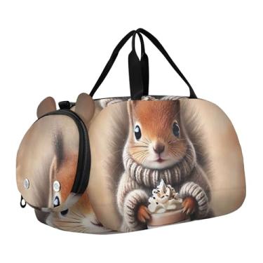 Imagem de Bolsa esportiva de viagem para meninos, fim de semana, bolsa de viagem para meninas, bolsa de viagem para dança, romântica, gato Titanic Love, Cozy Squirrel Hot Cocoa, Clássico