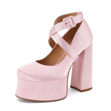 Imagem de Oh Mispares Sapato feminino plataforma salto alto grosso cetim tira cruzada no tornozelo fivela bico fechado redondo salto Lolita Mary Jane Pull On 5,6 polegadas, rosa, 38