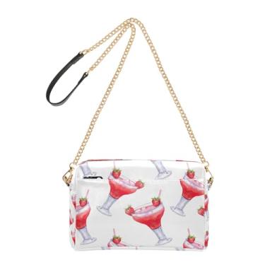 Imagem de Bolsa feminina transversal com desenho animado morango coquetéis bolsa para celular bolsa de couro PU bolsa de ombro com alça de corrente
