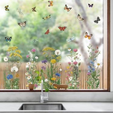 Imagem de PLIGREAT 2 folhas de adesivos de janela de flores silvestres, arbustos de borboleta, adesivos de janela em aquarela para quarto de bebê, sala de aula, porta de vidro deslizante, decoração de casa