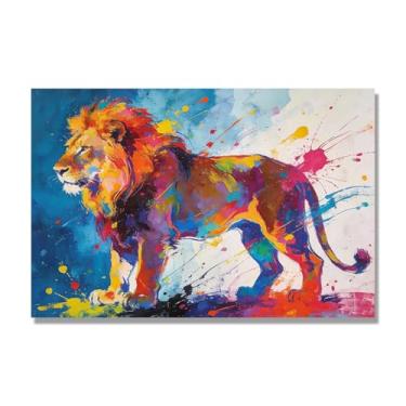 Imagem de NHLDZYH Pintura de leão colorida, impressão de arte abstrata vibrante, decoração de parede de animais selvagens e enérgicos, tela contemporânea moderna para quarto, academia, quarto de crianças. A76