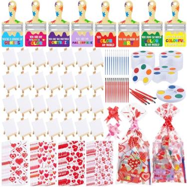 Imagem de Pajean 28 Sets Valentines Day Craft Gifts Valentines Mini Painting Canvas Panel with Wooden Easel Watercolor Paints Brush Kit and Cards for School Classroom Exchange Gifts Art Party (Artist)