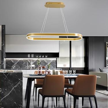 Imagem de Luminária pendente LED moderna para escritório, sala de jantar, formato oval, com intensidade ajustável e controle remoto. Lustre com design em anel, ideal para quarto, mesa de jantar, cozin