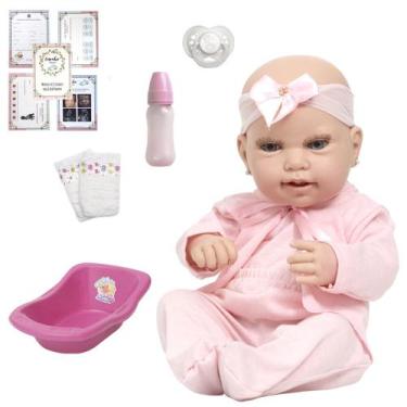Imagem de Bebe Reborn Recém Nascida Fofa Com Kit Acessórios + Banheira - Cegonha