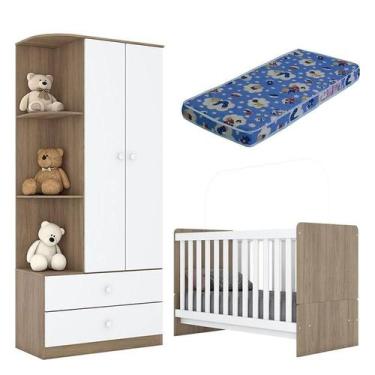 Imagem de Berço Nacional e Guarda Roupa Infantil Labirinto Rústico Branco Brilho