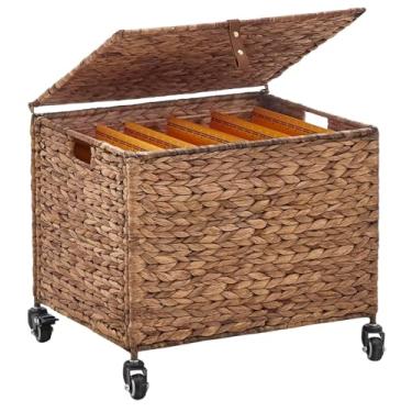 Imagem de LGENHOOM Cesta de arquivo com rodízios de borracha lisa, organizador de arquivos móvel de jacinto de água com moldura de metal para escritório em casa, serve para pastas de arquivos suspensas de