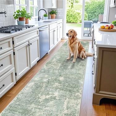 Imagem de Tapete de corredor longo de 9 x 3 m – Tapete de chão de cozinha lavável antiderrapante com suporte de borracha, tapete moderno de baixa pilha fina para quarto, entrada interna (verde sálvia, 3 x 10)