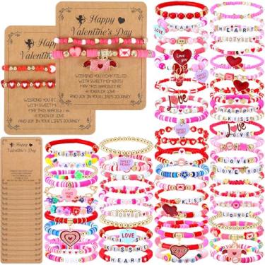 Imagem de Huquary 100 pulseiras a granel com 50 peças de cartões de felicitações Kraft para mulheres, pulseiras de contas de argila de polímero, joias elásticas ajustáveis para lembrancinhas de festa, presente