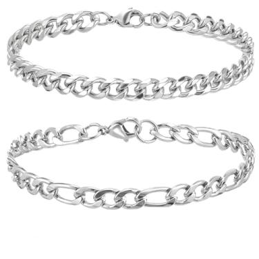 Imagem de KFHENSOMR Pulseira de corrente para homens, 2 peças, banhado a prata, conjunto de pulseiras de elos cubanos, de aço inoxidável, à prova d'água, corrente de metal, joias para homens, pai, marido