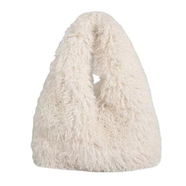 Imagem de Auhoho Bolsa Hobo Feminina Fofa de Pele Sintética Fuzzy Furry Mongolian Grande Bolsa Bolsa de Ombro, Branco