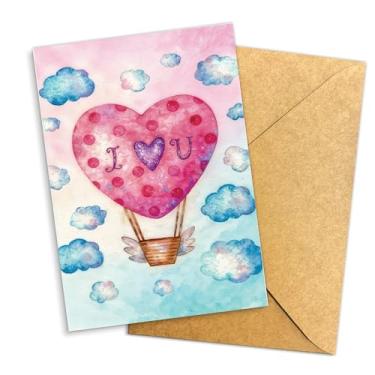Imagem de Cartão romântico "I Love You" coração balão de ar quente, cartão de felicitações de coração rosa aquarela sonhador com nuvens, cartão de amor romântico fofo para namorado, namorada, casais 20 x 14 cm