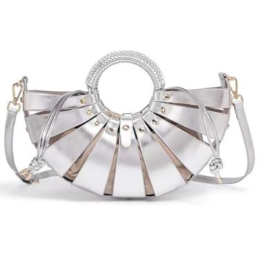 Imagem de louceko Bolsa de ombro feminina de couro PU, vazada, transversal, alça de tecido, concha para ventilador, cesta de vegetais, bolsa de mão, Prata, Medium