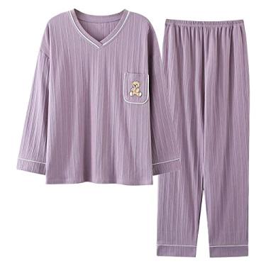 Imagem de HHHJQFAAT Pijama feminino plus size gola V malha manga comprida + calça conjunto de roupa de dormir duas peças roupas de casa (grande)