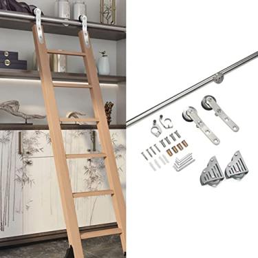 Imagem de Kit de ferragens para porta de celeiro deslizante de 2 m e 4 metros, com rodas de rolo de piso (sem escada) trilho de escada móvel de tubo redondo de aço inoxidável para casa/interior/loft (244 cm)