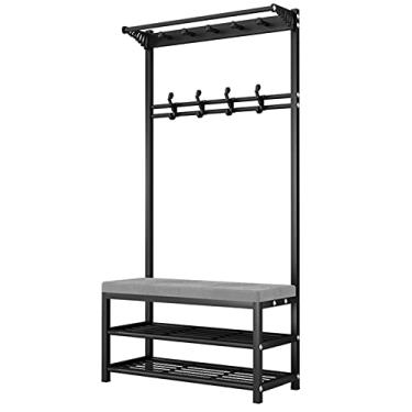 Imagem de SLGGPJBU Suporte de cabideiro, suporte para roupas, utensílios domésticos independentes com banco de sapato, carga máxima de 300 kg, bolsa de roupas, armazenamento de sapatos para entrada de corredor