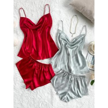 Imagem de Conjunto De Pijama Feminino De Verão Sexy Em Cetim Sólido, Top E Short