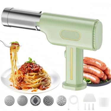 Imagem de Máquina de macarrão elétrica portátil, máquina de macarrão sem fio 5 em 1 com moldes e tubos de enchimento de salsicha, máquina de prensagem automática de massa portátil para espaguete e salsicha