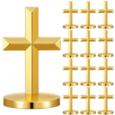 Imagem de Frienda 12 peças de crucifixo de metal em pé católica mini cruz estátua com suporte a granel cruz de Jesus Cristo ornamento de mesa para mesa de Páscoa decoração de altar para igreja cristã presente