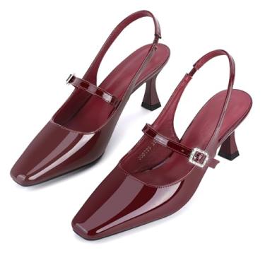 Imagem de Trakxy Sapato feminino com bico quadrado Mary Jane bico fechado salto baixo gatinho sandália sem cadarço fivela sapato social, Vinho, 36