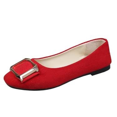 Imagem de Tênis feminino casual cor doce com fivela decorativa e bico quadrado tamanho grande para trabalho e dia a dia, Vermelho, 34