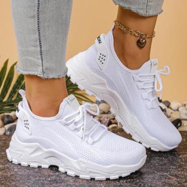 Imagem de Tênis feminino de malha respirável leve respirável antiderrapante casual para caminhada, Branco, 38