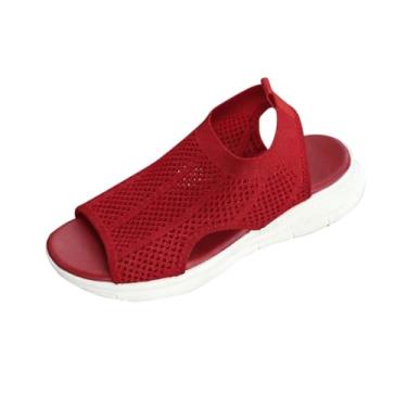 Imagem de Sandálias femininas de malha de malha com sola macia e salto baixo para conforto no verão, Vermelho, 35