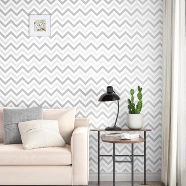 Imagem de HotDecor Papel de parede cinza e branco papel de parede geométrico 43 x 251 cm, papel de parede moderno para quarto, sala de estar, papel de contato cinza para armários, prateleiras, paredes, papel de