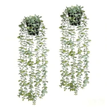 Imagem de echosari 2 peças de plantas falsas para decoração de escritório, plantas artificiais penduradas em folhas de eucalipto, plantas artificiais de vegetação para ambientes internos para decoração moderna