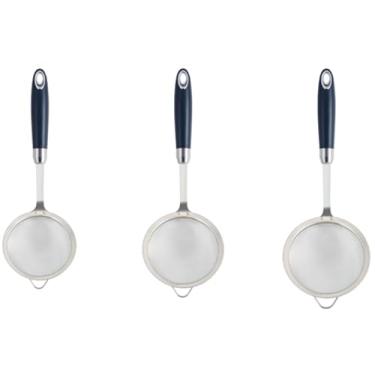 Imagem de Coadores, conjunto com 3 unidades (pacote com 3), prata CTG-00-3MS, com cabo de borracha de plástico térmico - Peneira de aço inoxidável de malha fina - Essencial de cozinha ideal para coar macarrão