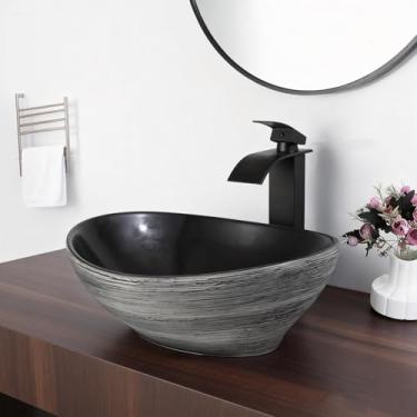 Imagem de Zoyueyu Pia oval de 39,6 cm x 34 cm com torneira de cachoeira e ralo pop-up pias de banheiro de cerâmica acima do balcão pia de banheiro Balck