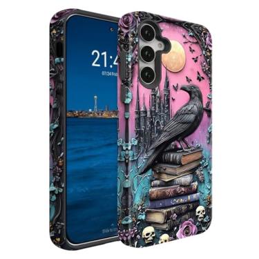 Imagem de BSMOSPER Capa compatível com Samsung Galaxy S25 Ultra 5G, capa protetora 2 em 1 de camada dupla, capa protetora à prova de choque, crânios de livro rosa pássaro corvo preto