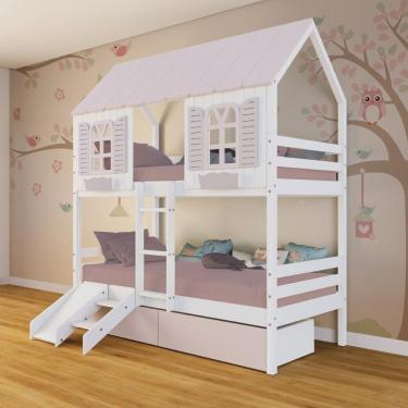 Imagem de Beliche Casinha Bela Com 2 Gavetas Rosa Kit Escada/escorregador - Madeira Maciça Branco/rosa Housin