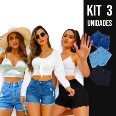 Imagem de Kit 3 Shorts JEANS RASGADOS Bermuda Femininos Bolsos Casual Elastano S