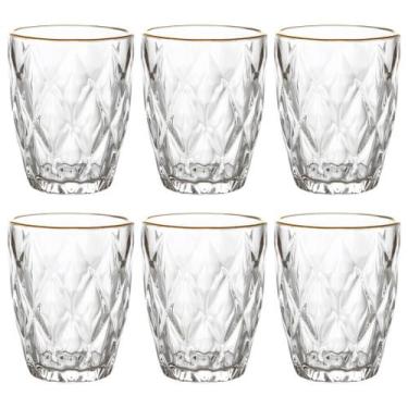 Imagem de Jogo 6 Copos de Vidro Diamond Borda de Ouro 280ml Luxo Bebidas Água Su