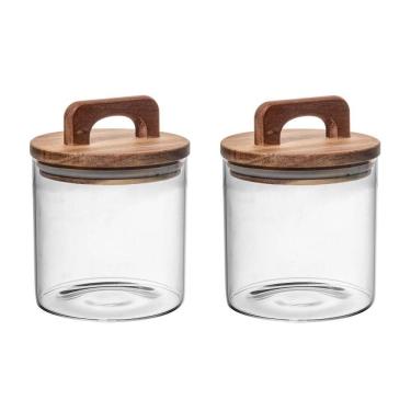 Imagem de Conjunto 02 Potes de Vidro com Tampa Hermética de Acácia 700ml Wolff