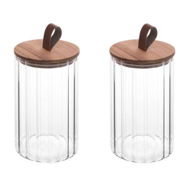 Imagem de Conjunto 02 Potes de Vidro Canelado com Tampa Hermética de Acácia 880ml Wolff