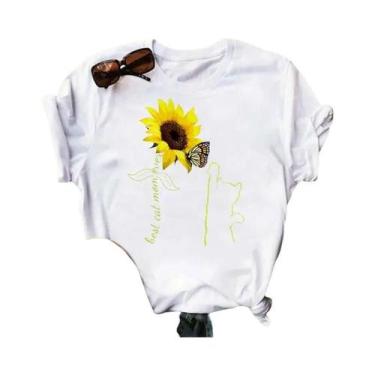 Imagem de Camiseta Preta Com Estampa De Borboleta E Girassol Kawaii Para Mulhere