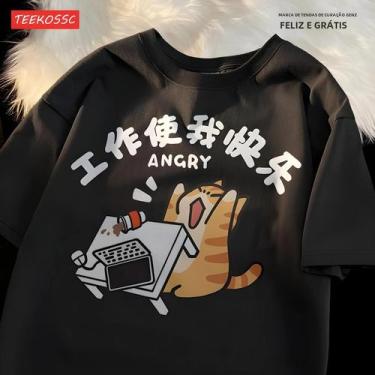 Imagem de Camiseta de Algodão Meia Manga com Estampa de Gato Feroz - Unissex - R