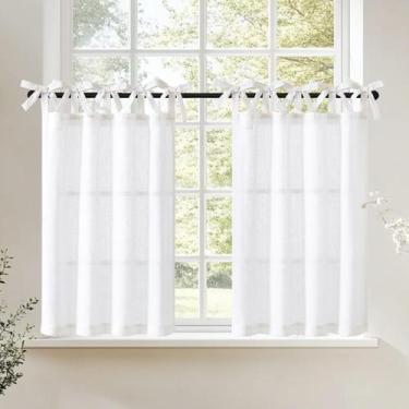 Imagem de Cortinas de cozinha jinchan Tie Top Linen 60 cm de comprimento 2 painé