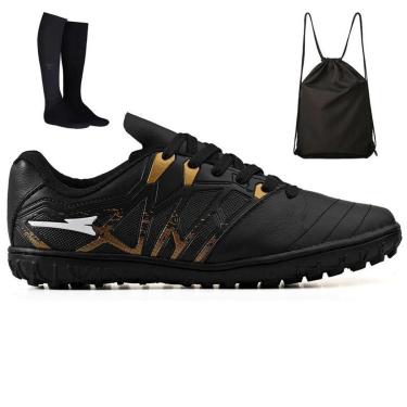 Imagem de Kit Chuteira Futebol Society Bico em Couro Campo Grama Sintetica + Mochila + Meião Adulto-Unissex