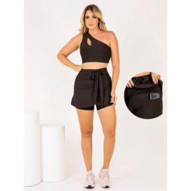Imagem de Conjunto Fitness Feminino Short Saia Com Bolso + Top Cropped Treino Beach Tennis Academ...