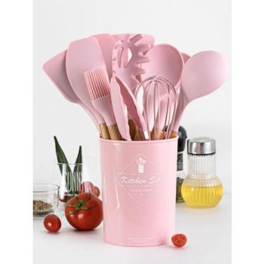 Imagem de Kit de Utensílios para Cozinha 12 Peças Preparar e Servir em Silicone e Bambu com Suporte Organizador Rosa OEM